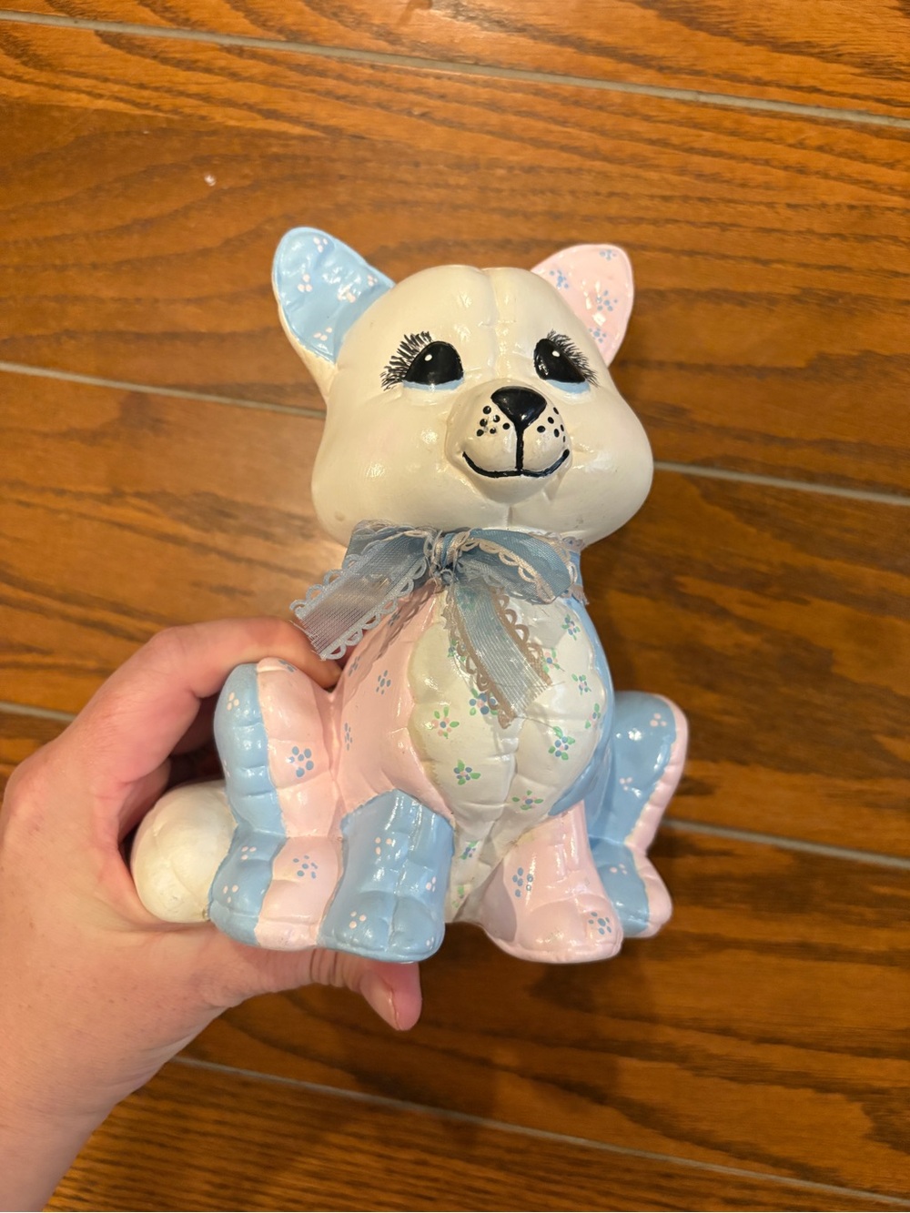 Hand-Painted 1980s Ceramic Cat Figurine in Pastel Pink & Blue